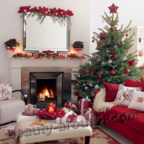 New Year and Christmas design, interior design, home decor, Christmas tree, decorations, watch photos