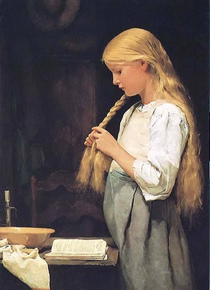 Девушка плетет косу картина